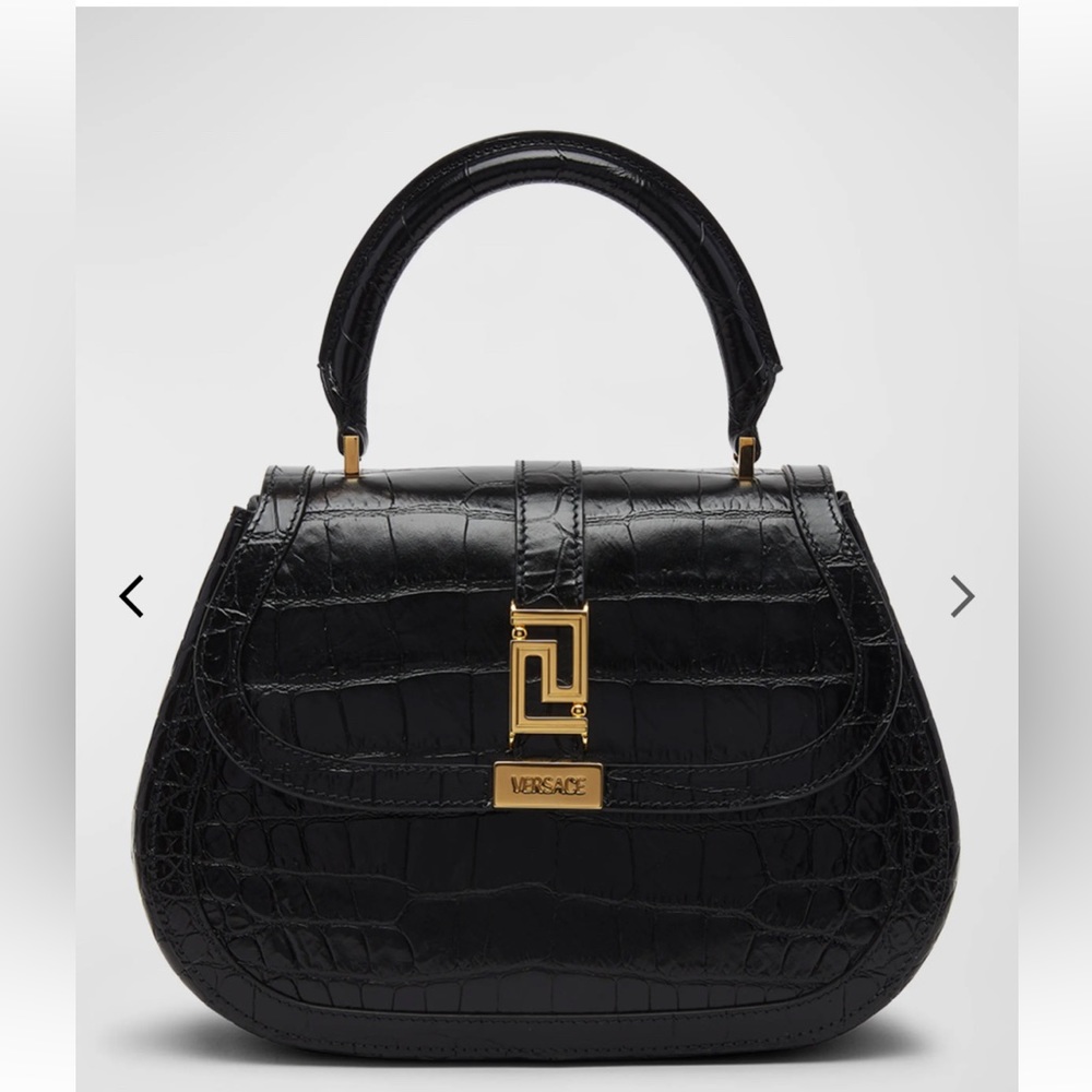 Versace Greca Goddess medium croc embossed top handle bag